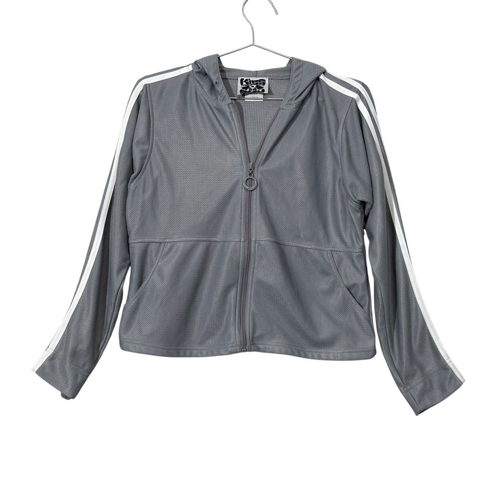Y2K vintage Kiss The Sky Hoodie Women L Grey Mesh Zip Up Stripe Retro Sporty